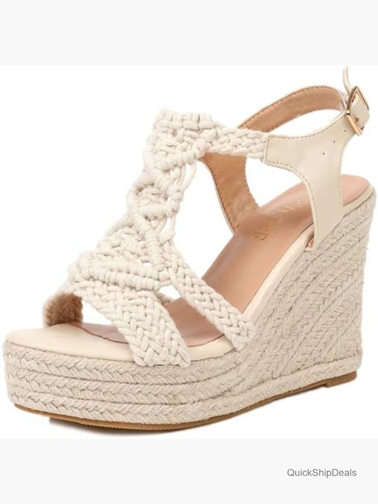 Women's Espadrille Wedge Sandals Hand-Woven Raffia Ankle Strap Platform Heel